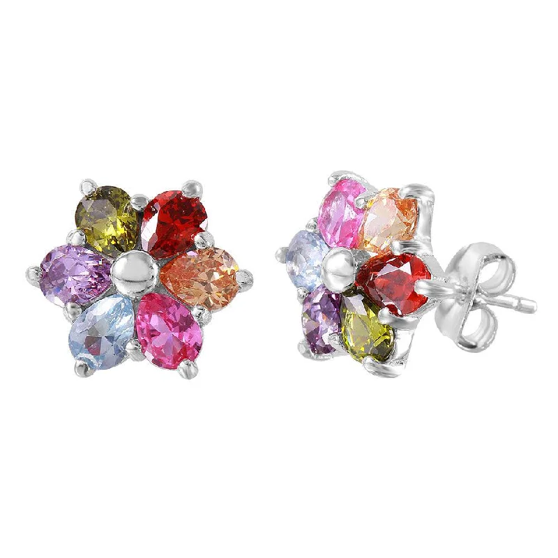 Trendy Ear Cuffs-Silver 925 Multi Color CZ Flower Stud Earrings - BGE00465