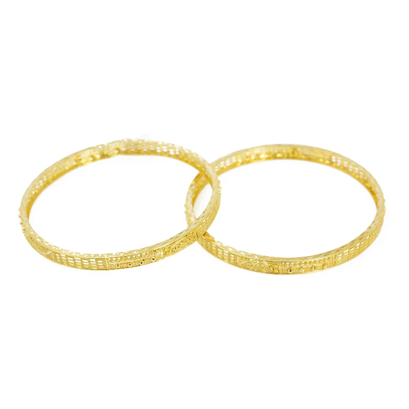 Large Statement Bangles-22K Yellow Gold Bangles Set of 2 W/ Intricate Textured Pattern