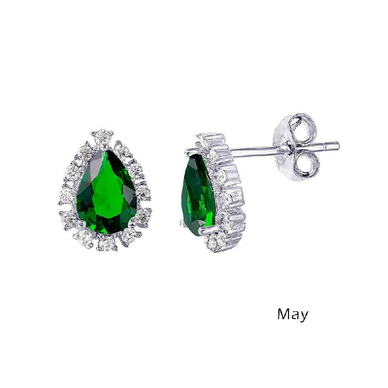 Everyday Earrings-Rhodium Plated 925 Sterling Silver Teardrop Halo CZ Birthstone Earrings May - STE01027-MAY