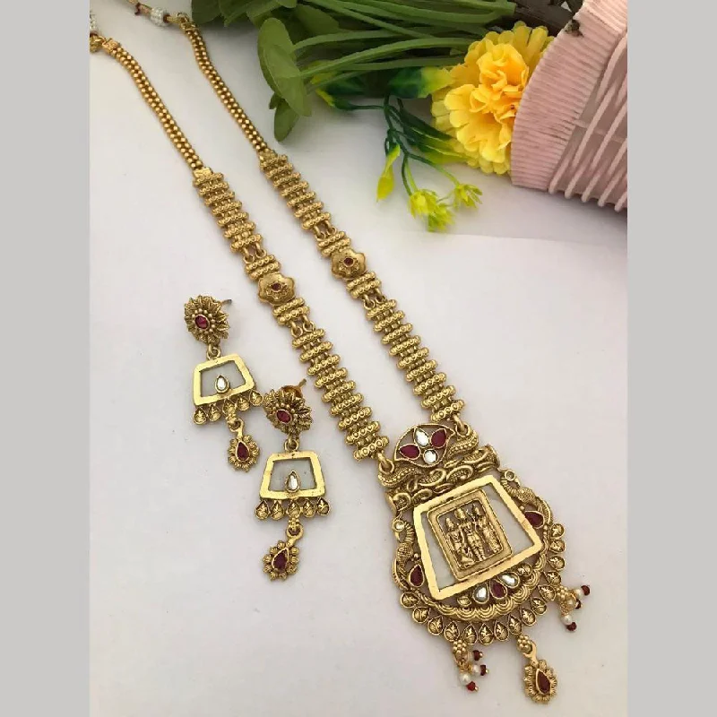 Stylish Statement Necklaces-FS Collection Gold Plated Pota Stone Temple Long Necklace Set