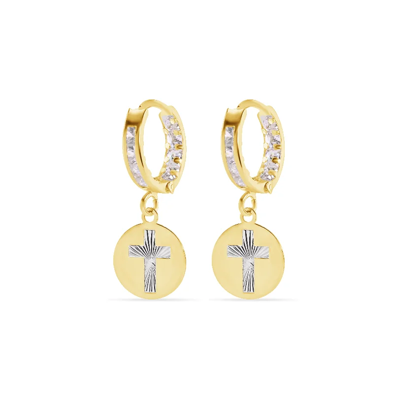 Wedding Earrings-14E00454. - 14 Karat Yellow Gold 11.5mm Hoop Studded Clear CZ Diamond Cut Cross Latch Box Earrings