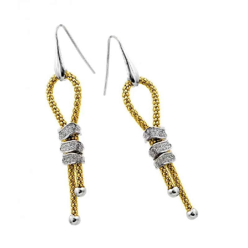 Affordable Silver Earrings-Silver 925 Rhodium and Gold Plated Dangling Ribbon Center Rectangular CZ Inlay Dangling Hook Earrings - ECE011GP