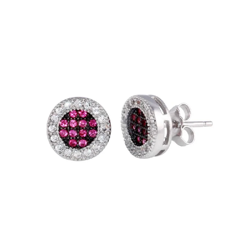 Luxury Gold Earrings-Rhodium Plated 925 Sterling Silver Clear and Red CZ Halo Stud Earrings - BGE00631RED