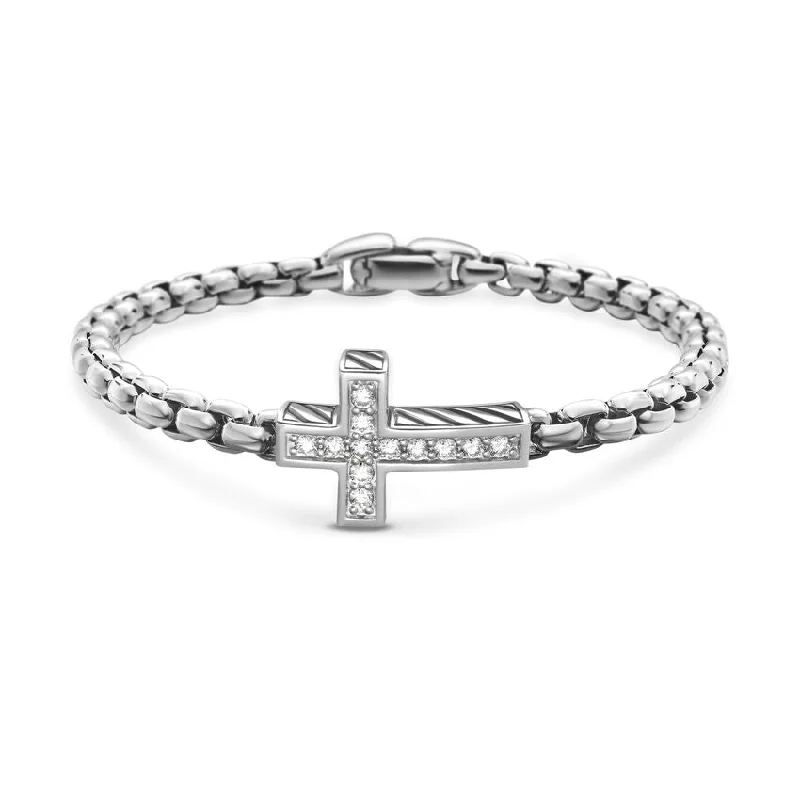 Trendy Charm Bracelets-DY Gents Cross Station Bracelet in Sterling Silver with Diamonds, 5mm