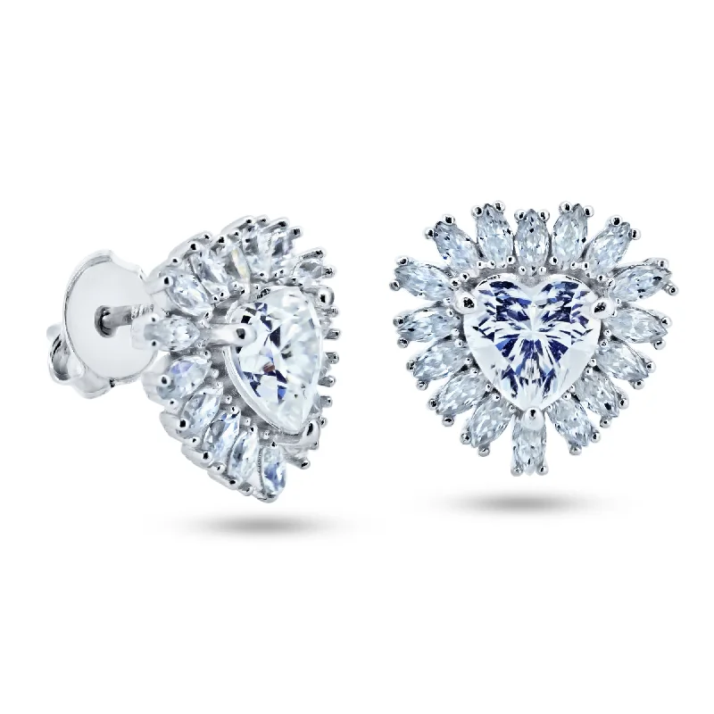 Sterling Silver Earrings-Sterling Rhodium Plated 925 Sterling Silver Moissanite Stone Heart Earring - MGME00003