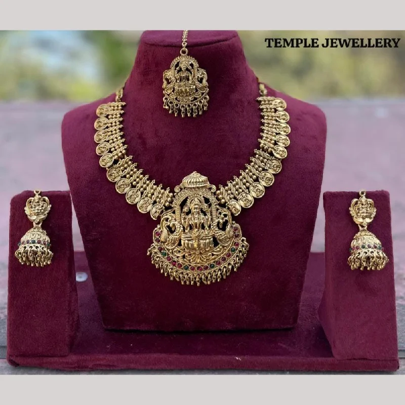 Elegant Diamond Necklaces-FS Collection Gold Plated Pota Stone Temple And Pearls Necklace Set