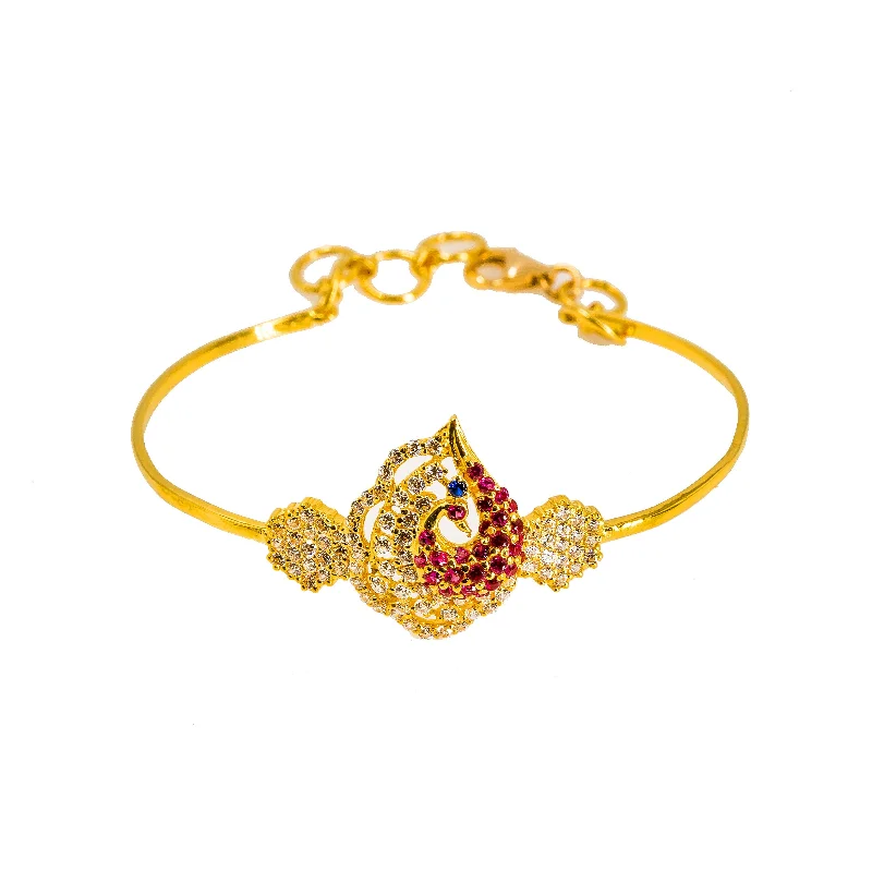 Beautiful Traditional Bangles-22K Yellow Gold Baby Bangle W/ CZ Gems, Peacock Pendant & Encrusted Flower Accents