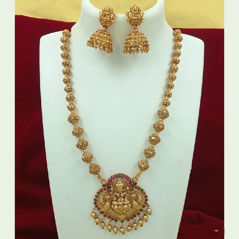 Colorful Crystal Necklaces-Joyful Jewel Art Matte Gold Plated Pota Stone Temple Long Necklace Set