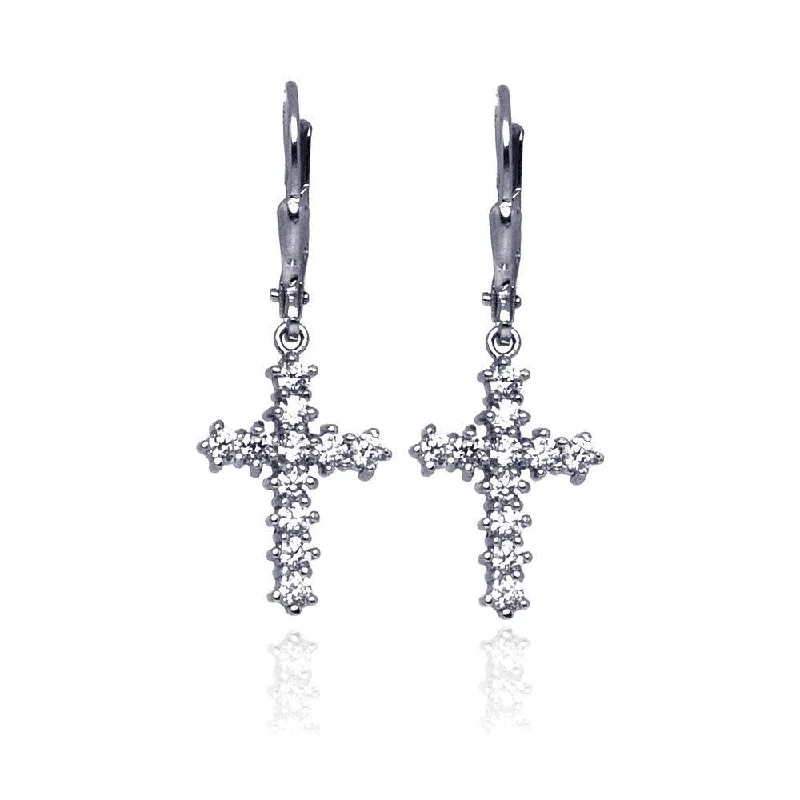 Simple Gold Earrings-Silver 925 Rhodium Plated Cross CZ Dangling huggie hoop Earrings - STE00635