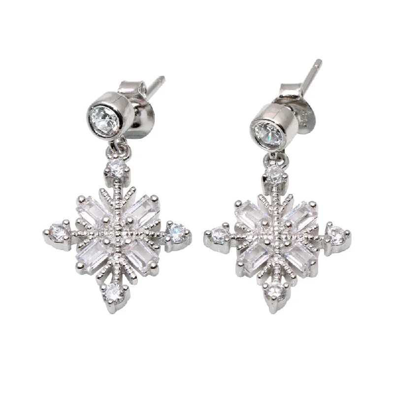 Custom Gold Earrings-Rhodium Plated 925 Sterling Silver Drop Snowflake Earrings - BGE00574