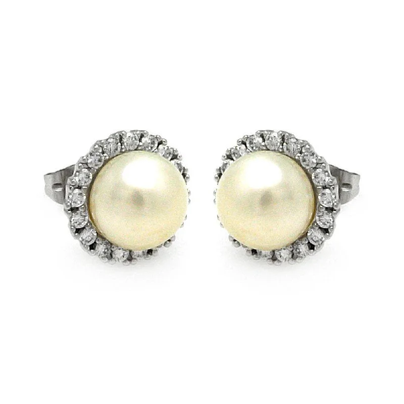 Gold Leaf Earrings-Silver 925 Rhodium Plated Round CZ Center Fresh Water Pearl Stud Earrings - BGE00253