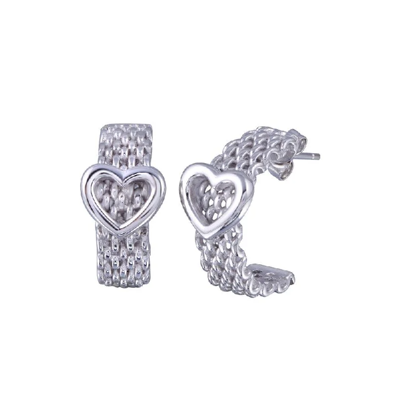 Long Drop Earrings-Silver 925 Rhodium Plated Rugged Heart Stud Earrings - STE00572