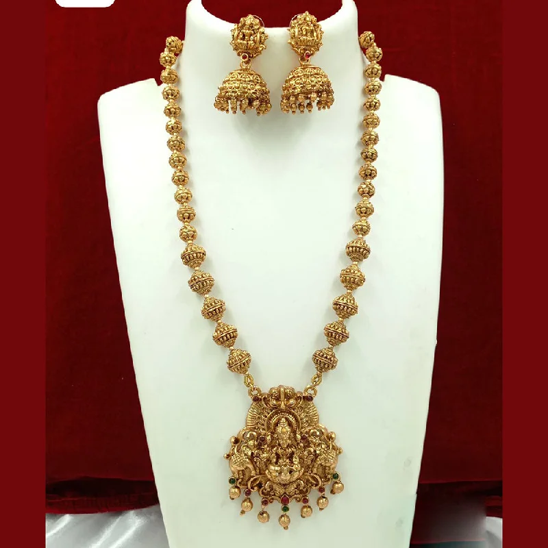 Elegant Diamond Necklaces-FS Collection Gold Plated Pota Stone And Pearl Temple Long Necklace Set