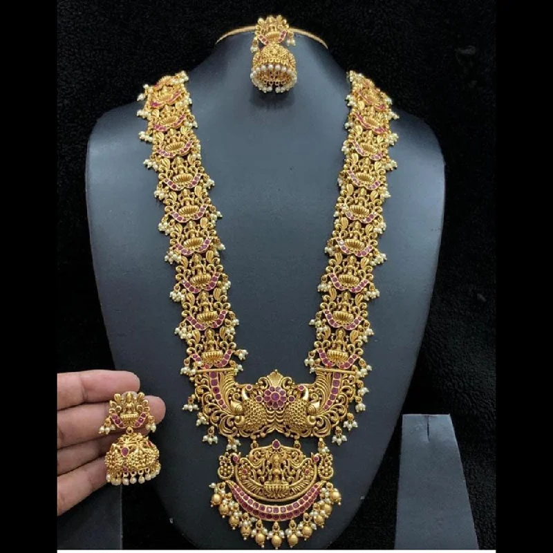 Designer Gemstone Necklaces-Manisha Jewellery Gold Plated Pota Stone And Pearls Temple Long Necklace Set