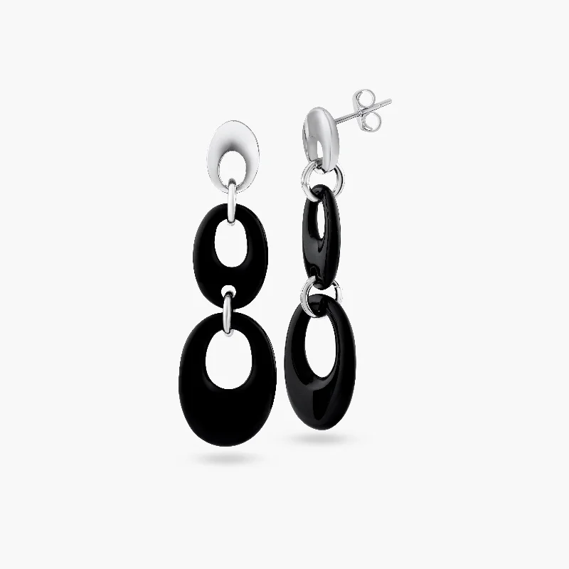 Gold Leaf Earrings-Clearance-Silver 925 Rhodium Plated Black Open Oval Onyx Stud Dangling Earrings - BGE00113