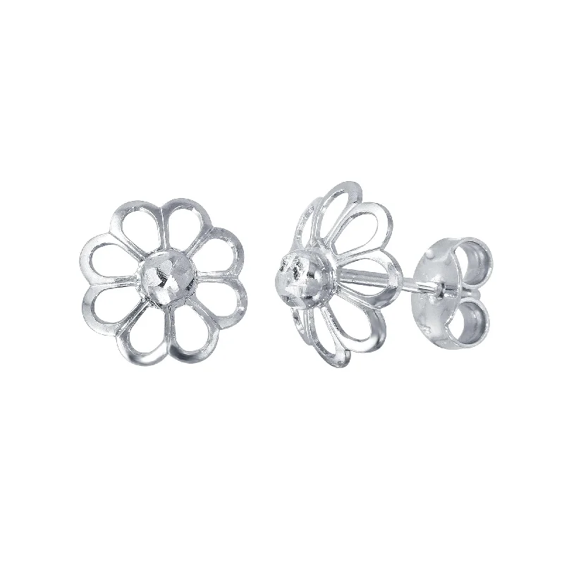 Pearl Stud Earrings-Rhodium Plated 925 Sterling Silver Open DC Flower Earrings - ECE00050RH