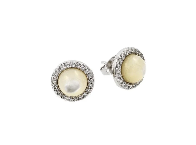 Classic Gold Earrings-Silver 925 Rhodium Plated Round CZ Outline Center Pearl Stud Earrings - BGE00410RHD