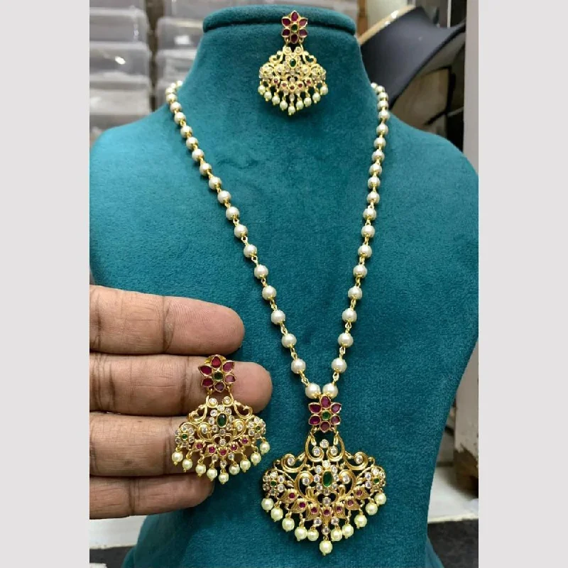 Beautiful Opal Necklaces-Sona Creation Gold Plated Pota Stone And Pearls Temple Necklace Set