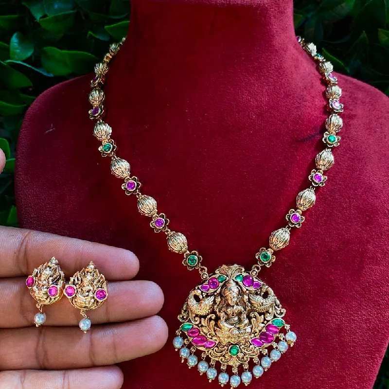 Customizable Gold Choker Necklaces-Royal Kundan Jewellery Gold Plated Pota Stone Temple Necklace Set