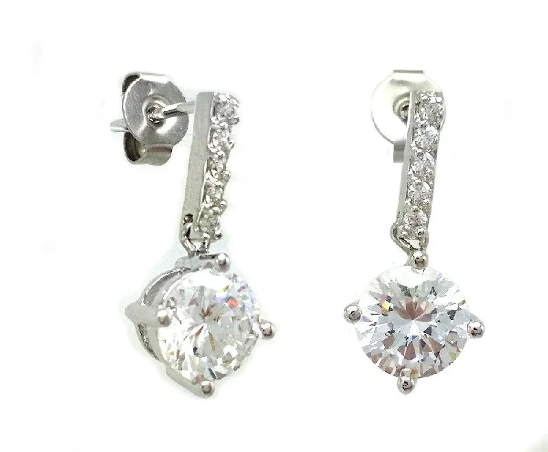 Dainty Gold Earrings-Silver 925 Rhodium Plated Channel Round CZ Dangling Stud Earrings - BGE00403