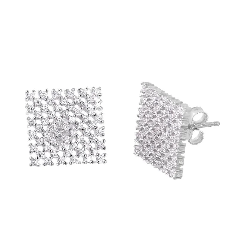 Cute Stud Earrings-Silver 925 Rhodium Plated Large Checkered CZ Stud Earrings - ACE00080RH