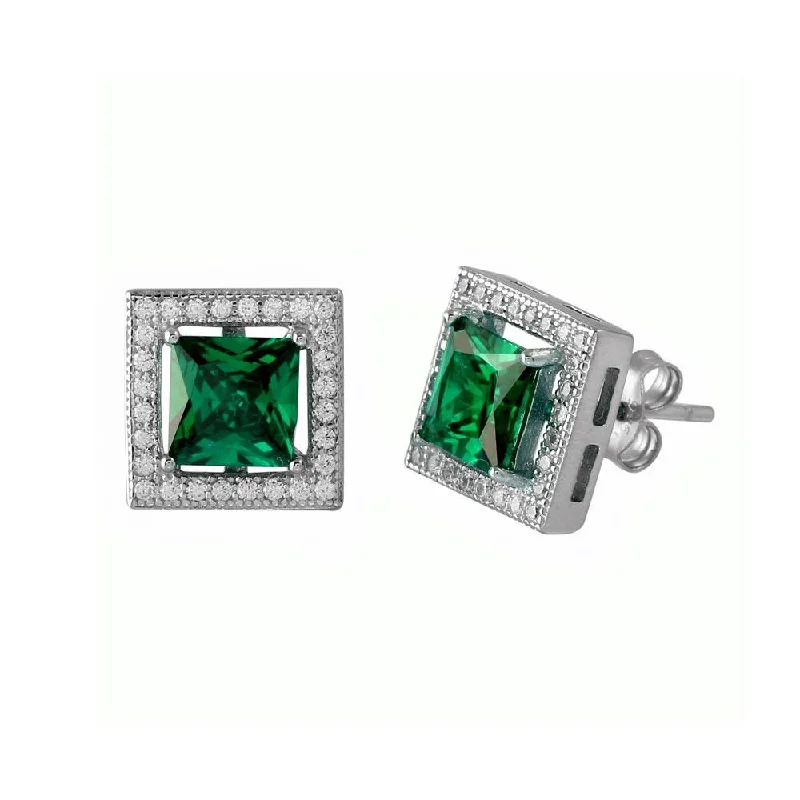 Everyday Earrings-Rhodium Plated 925 Sterling Silver Green Halo Square CZ Stud Earrings - BGE00632GRN