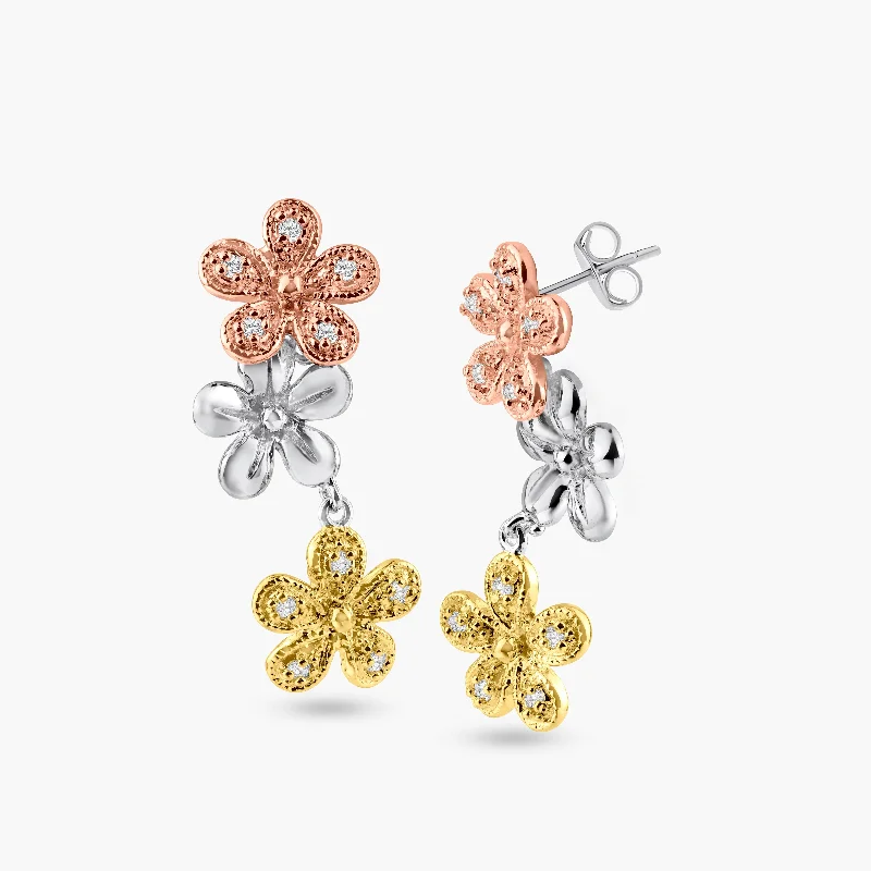 Cute Hoop Earrings-Silver 925 Rhodium Plated Multicolor Flower CZ Dangling Stud Earrings - BGE00187