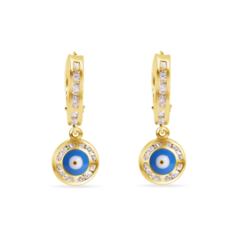 Elegant Gold Earrings-14E00458. - 14 Karat Yellow Gold 12.6mm Hoop Studded Clear CZ Evil Eye Latch Box Earrings