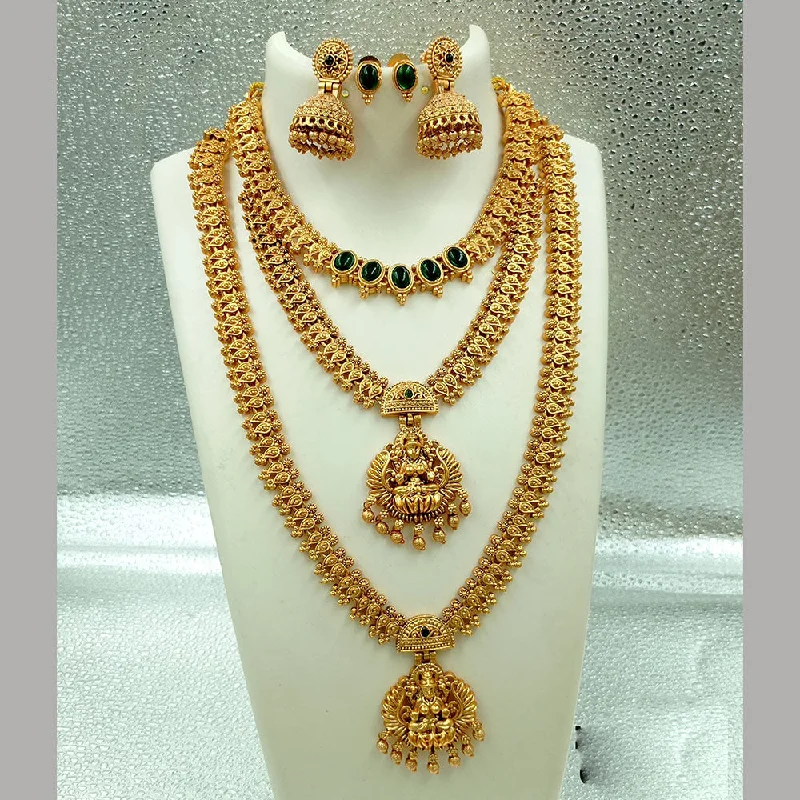 Diamond Pendant Necklaces-Joyful Jewel Art Matte Gold Plated Pota Stone Long Temple Necklace Combo