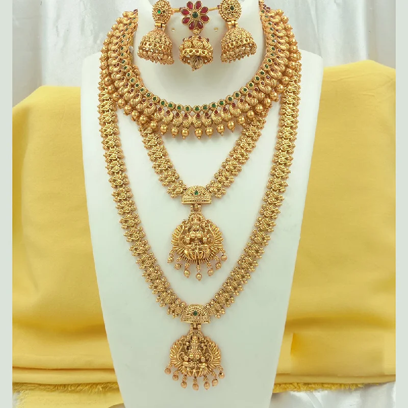 Vintage Gold Necklaces-Joyful Jewel Art Matte Gold Plated Pota Stone Temple Long Necklace Combo