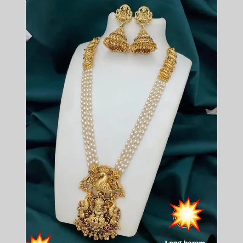 Beautiful Silver Necklace Chains-Manisha Jewellery Gold Plated Pota Stone And Pearl Temple Long Necklace Set