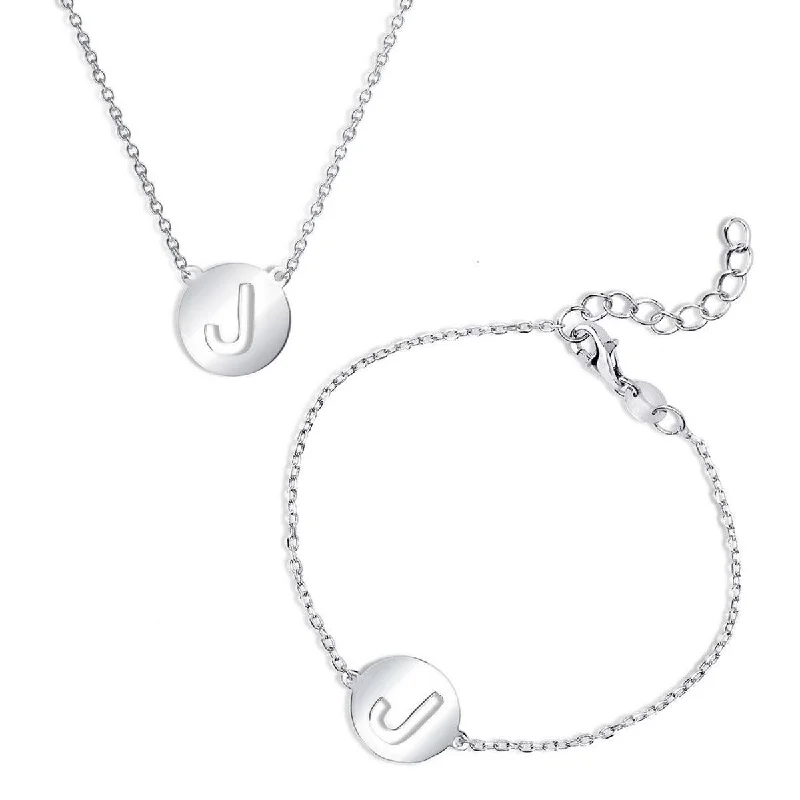 Elegant Pearl Necklaces-Classic Women's Bracelet and Necklace Set - Cut-Out Shiny J Disc Initial | SET-509