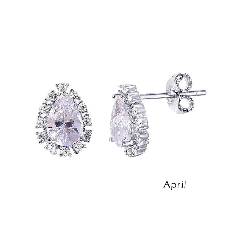 Vintage Pearl Earrings-Rhodium Plated 925 Sterling Silver Teardrop Halo CZ Birthstone Earrings April - STE01027-APR