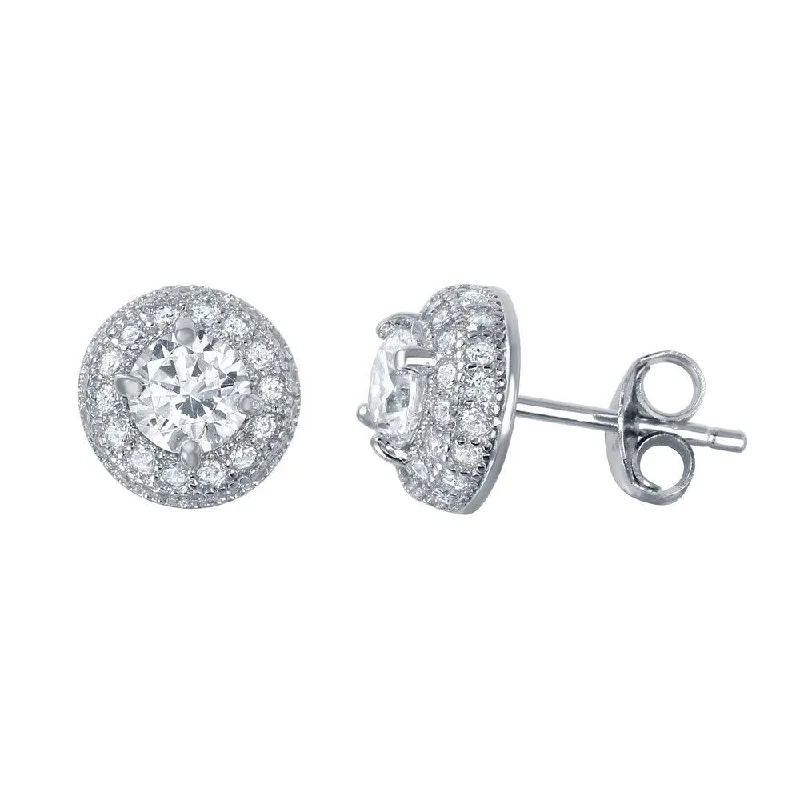 Handmade Hoop Earrings-Silver 925 Rhodium Plated Round Clear CZ Dome Stud Earrings - BGE00454