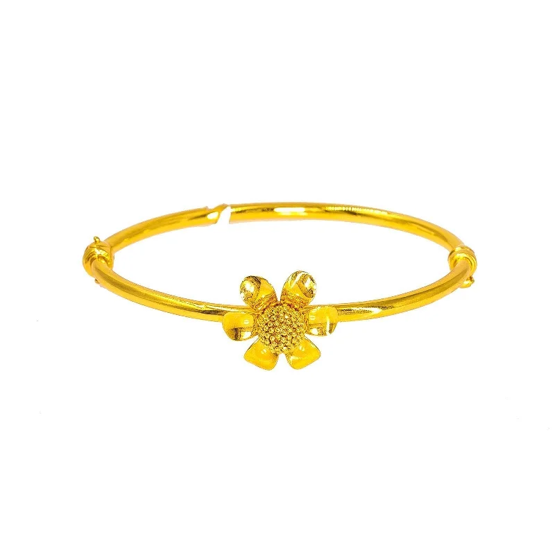 Traditional Gold Wedding Bangles-22K Yellow Gold Bangle W/ Large Faceted Flower & Openable Hinge