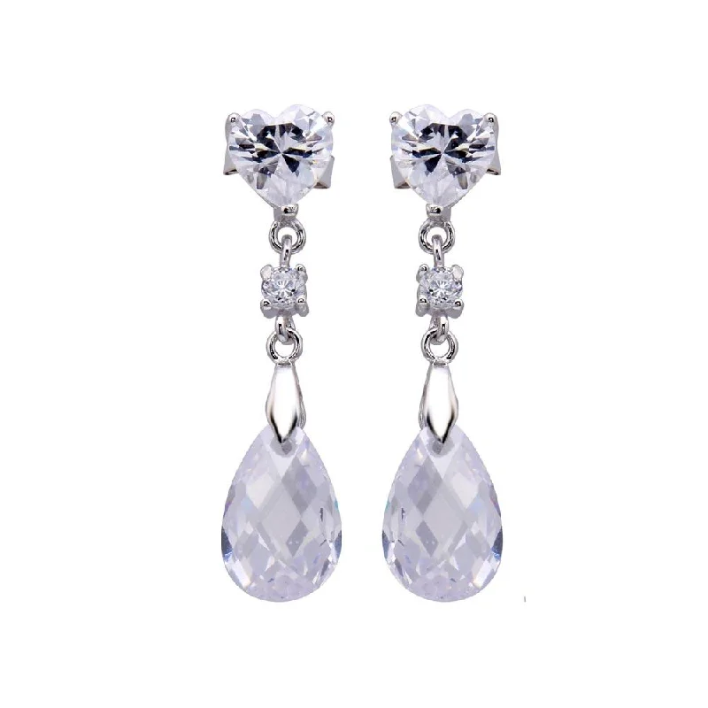 Long Drop Earrings-Silver 925 Rhodium Plated Heart and Teardrop CZ Dangling Stud Earrings - STE00442