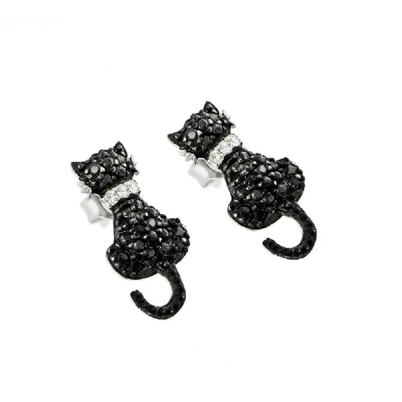 Statement Earrings-Silver Black and Silver Rhodium Plated Cat Black and Clear CZ Dangling Stud Earrings - STE00904