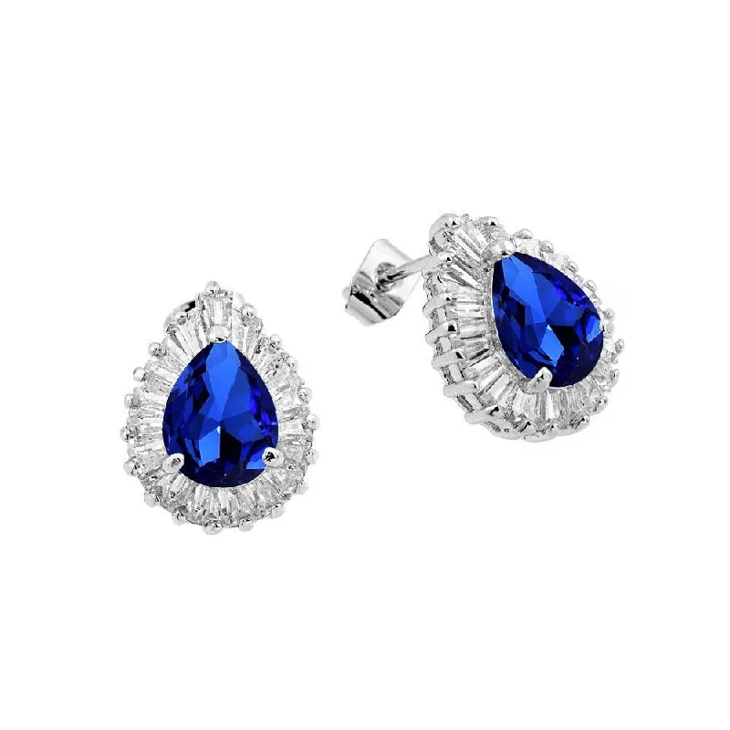 Unique Silver Earrings-Silver 925 Rhodium Plated Clear and Blue Teardrop Baguette CZ Stud Earrings - BGE00337