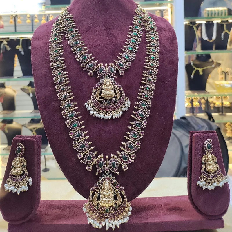 Bridal Gemstone Necklaces-Manisha Jewellery Gold Plated Pota Stone And Pearls Temple Double Necklace Set