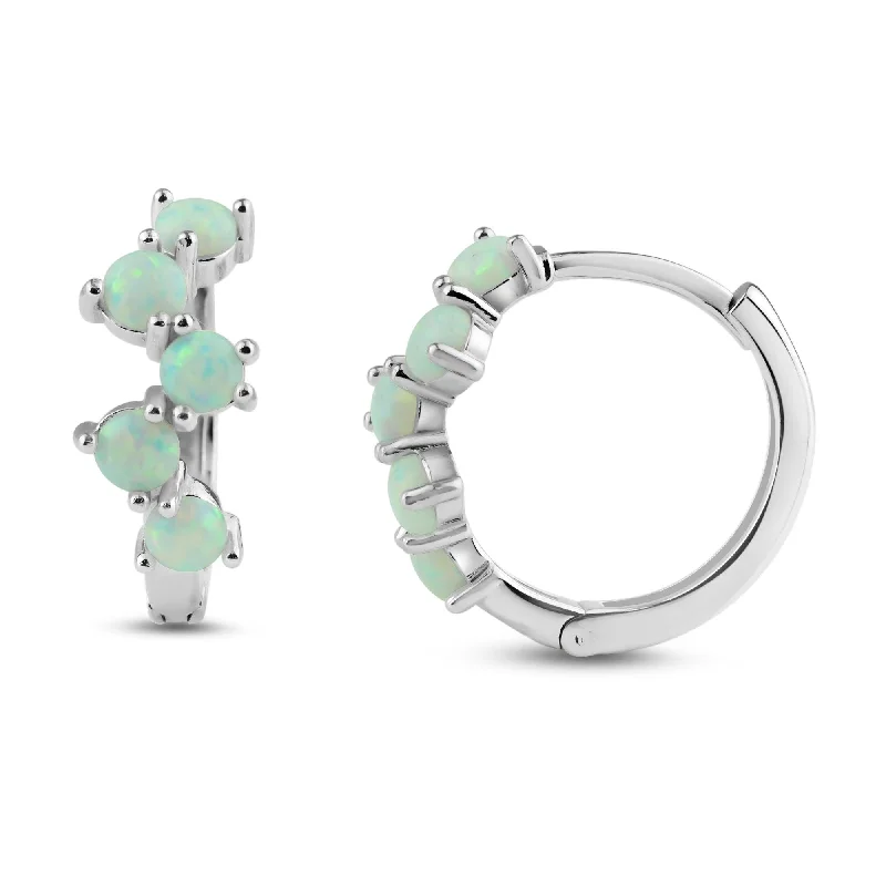 Gemstone Stud Earrings-Rhodium Plated 925 Sterling Silver Alternating Opal Hoop Earring - BGE00738