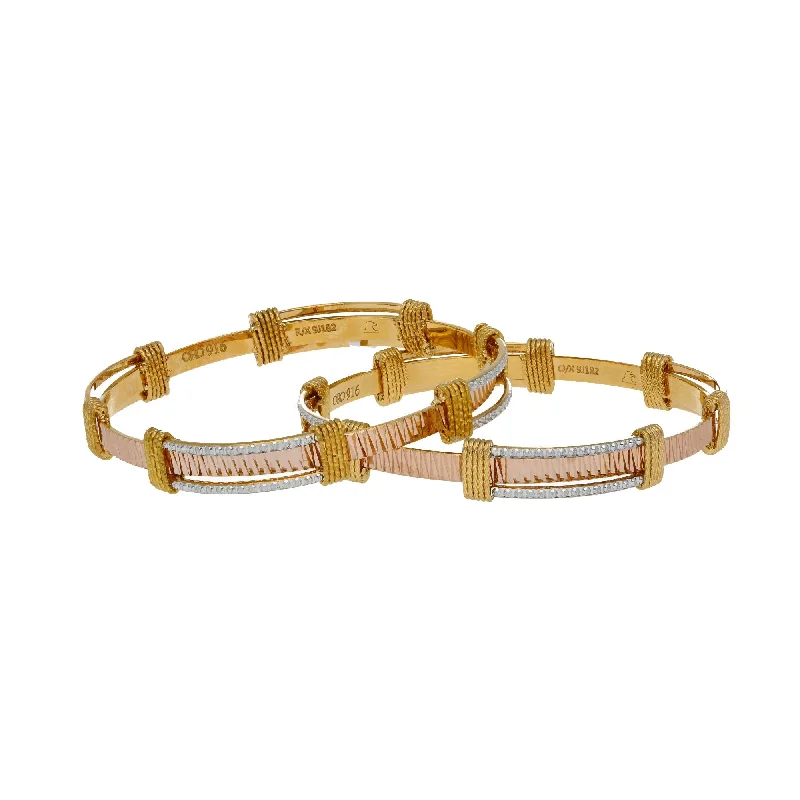 Luxury Diamond Bangles-22K Multi Tone Gold Laser Bangles Set of 2 W/ Faceted Belted Design