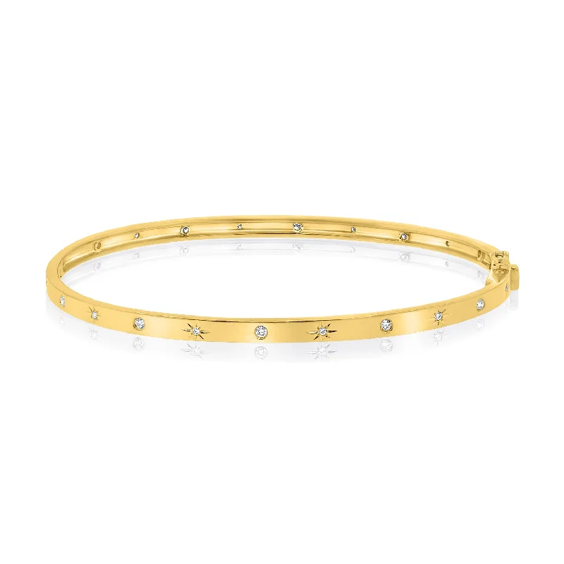 Designer Gemstone Tennis Bracelets-Unique 14K Gold Starbust Pattern Diamond Bangle