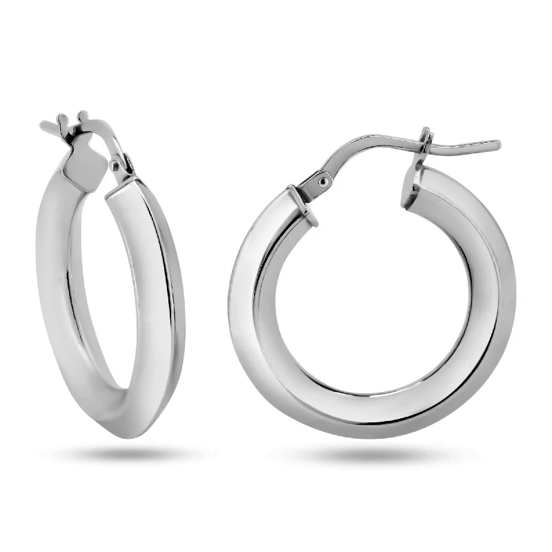 Simple Dangle Earrings-Rhodium Plated 925 Sterling Silver Chisel Design Hoop Earrings - ARE00039RH