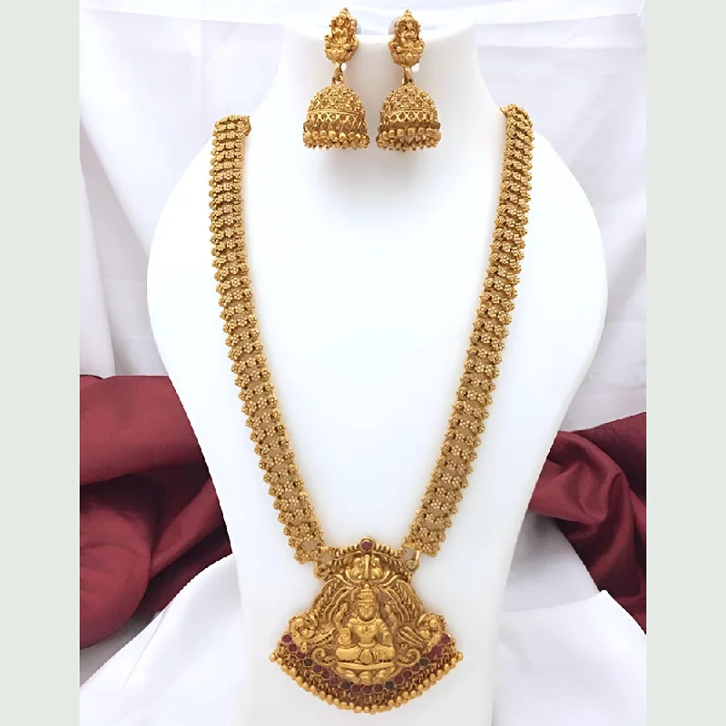 Fashionable Name Necklaces-Darshana Jewels Art Matte Gold Plated Pota Stone Temple Long Necklace Set