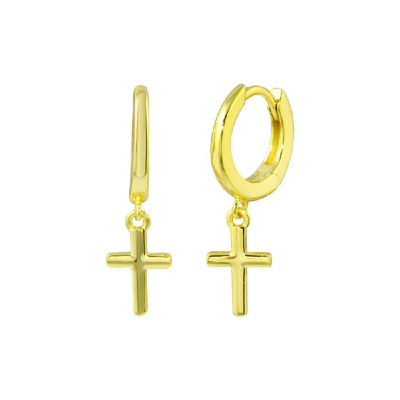 Artistic Pearl Earrings-Gold Plated 925 Sterling Silver huggie hoop Cross Earring - STE01300GP