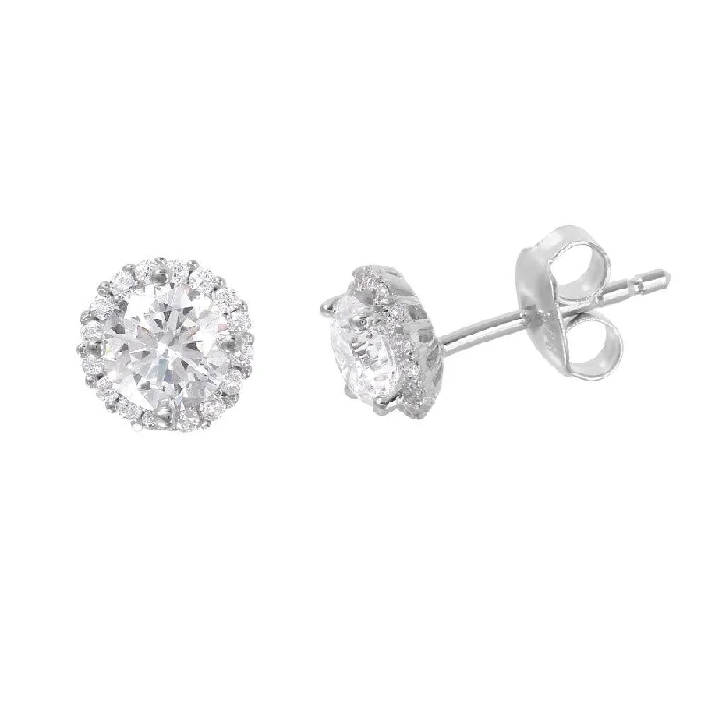 Vintage Gemstone Earrings-Silver 925 Rhodium Plated CZ Halo Stud Earrings - GME00011