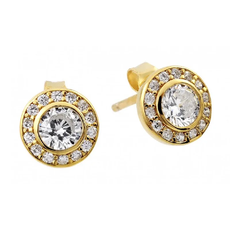 Large Dangle Earrings-Silver 925 Gold and Rhodium Plated Round Clear CZ Stud Earrings - STE00965GP