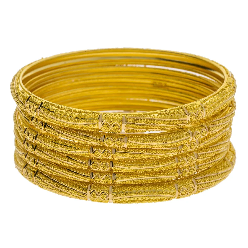 High-End Wedding Bangles-22K Yellow Gold Domed Bangles Set of 6 W/ Gold Strips & Gold Ball Filling