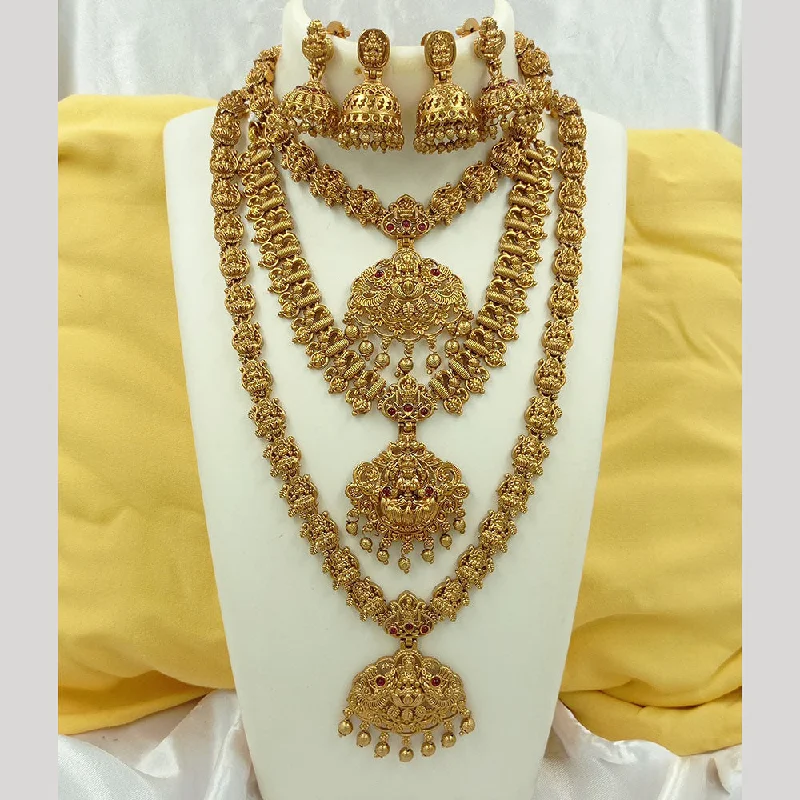 Long Gold Chain Necklaces-Joyful Jewel Art Matte Gold Plated Pota Stone Temple Double Necklace Set