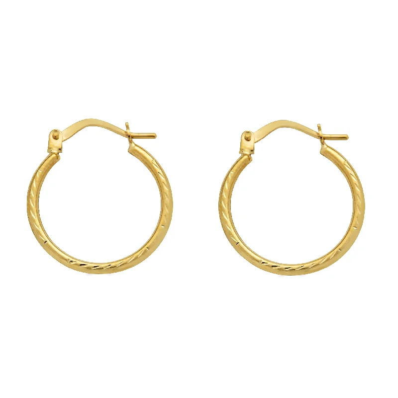 Luxury Pearl Earrings-14E00384. - 14 Karat Yellow Gold Diamond Cut Textured Hoop Latch Lock Earrings